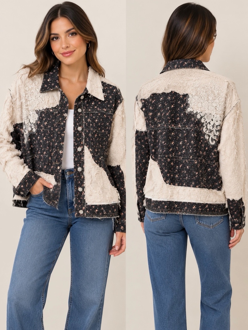 POL Black Floral and Cream Patchwork Denim Jacket